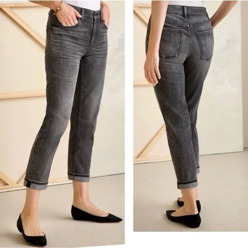 Chico's Jeans Boyfriend Ankle Washed Black Gray Mid Rise sz 0 Regular 4‎ Stretch